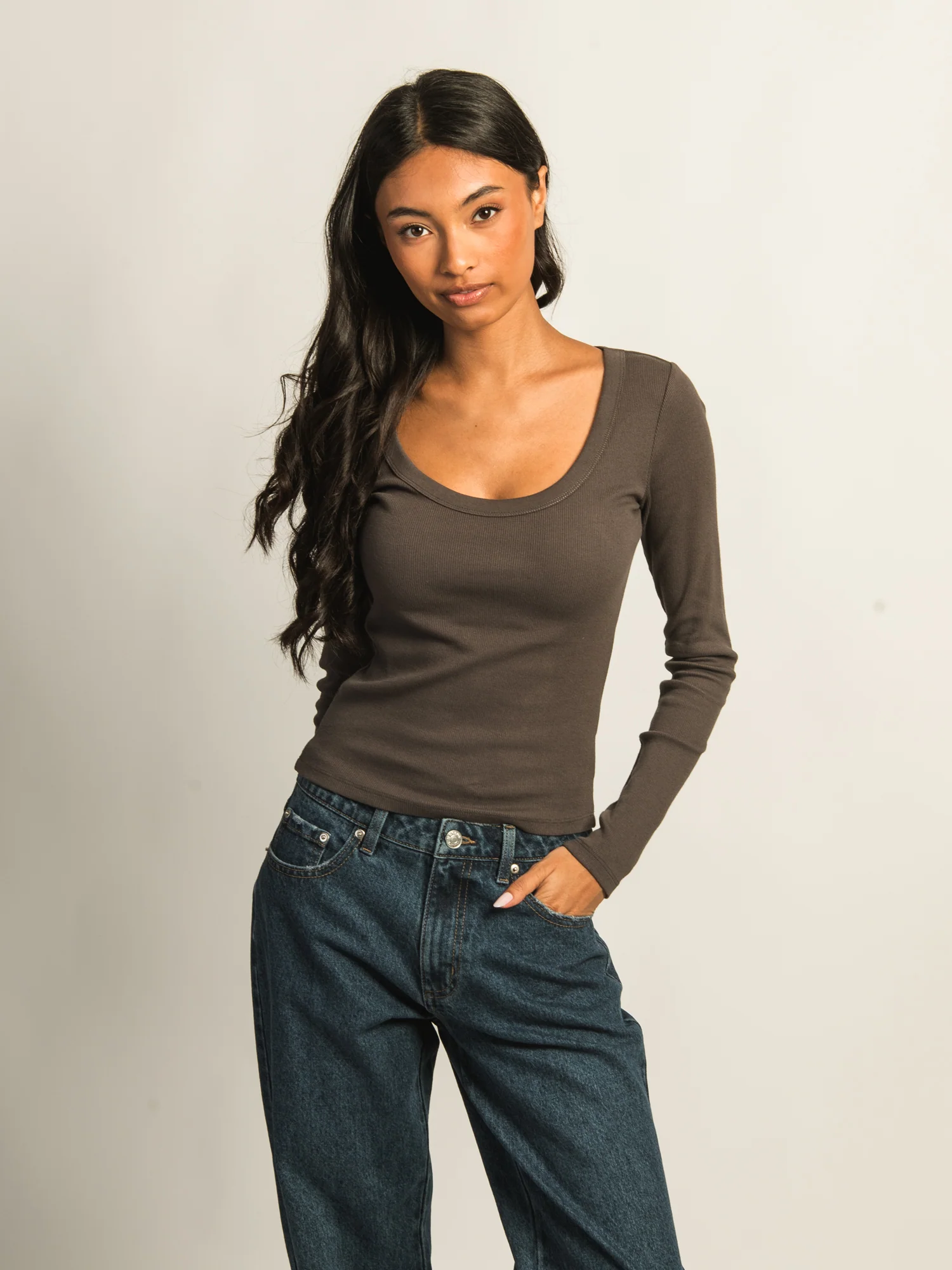 HARLOW ESSENTIAL SCOOP NECK LONGSLEEVE - CHARCOAL