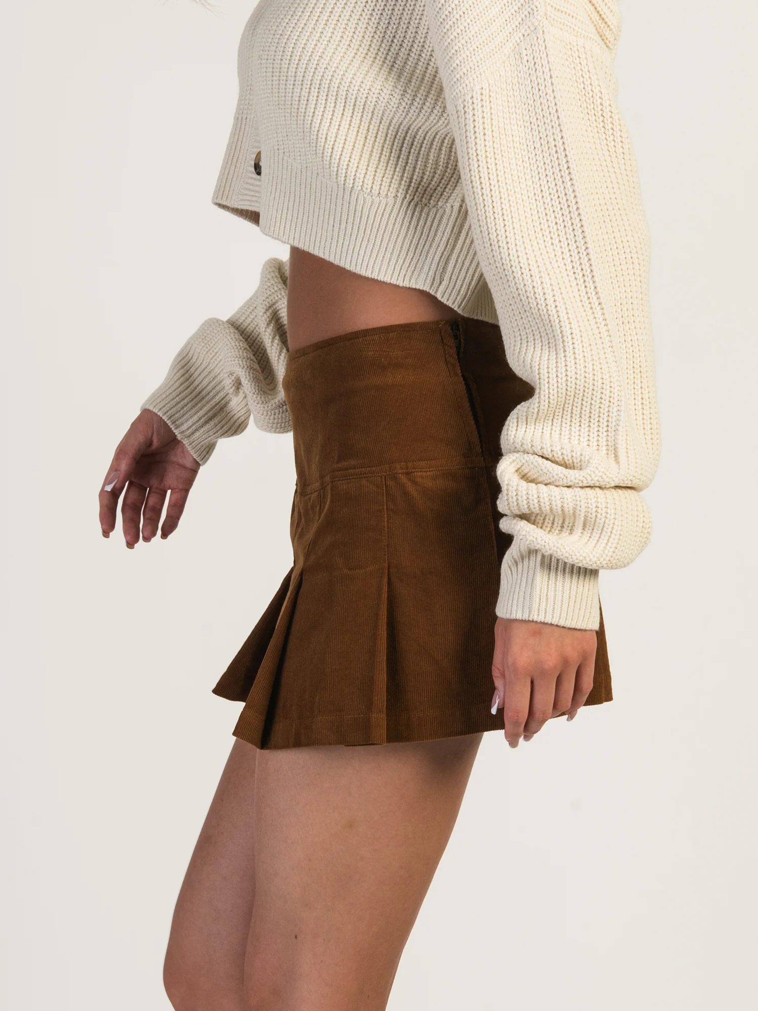 HARLOW PLEATED CORD SKIRT - COGNAC - CLEARANCE - Image 3