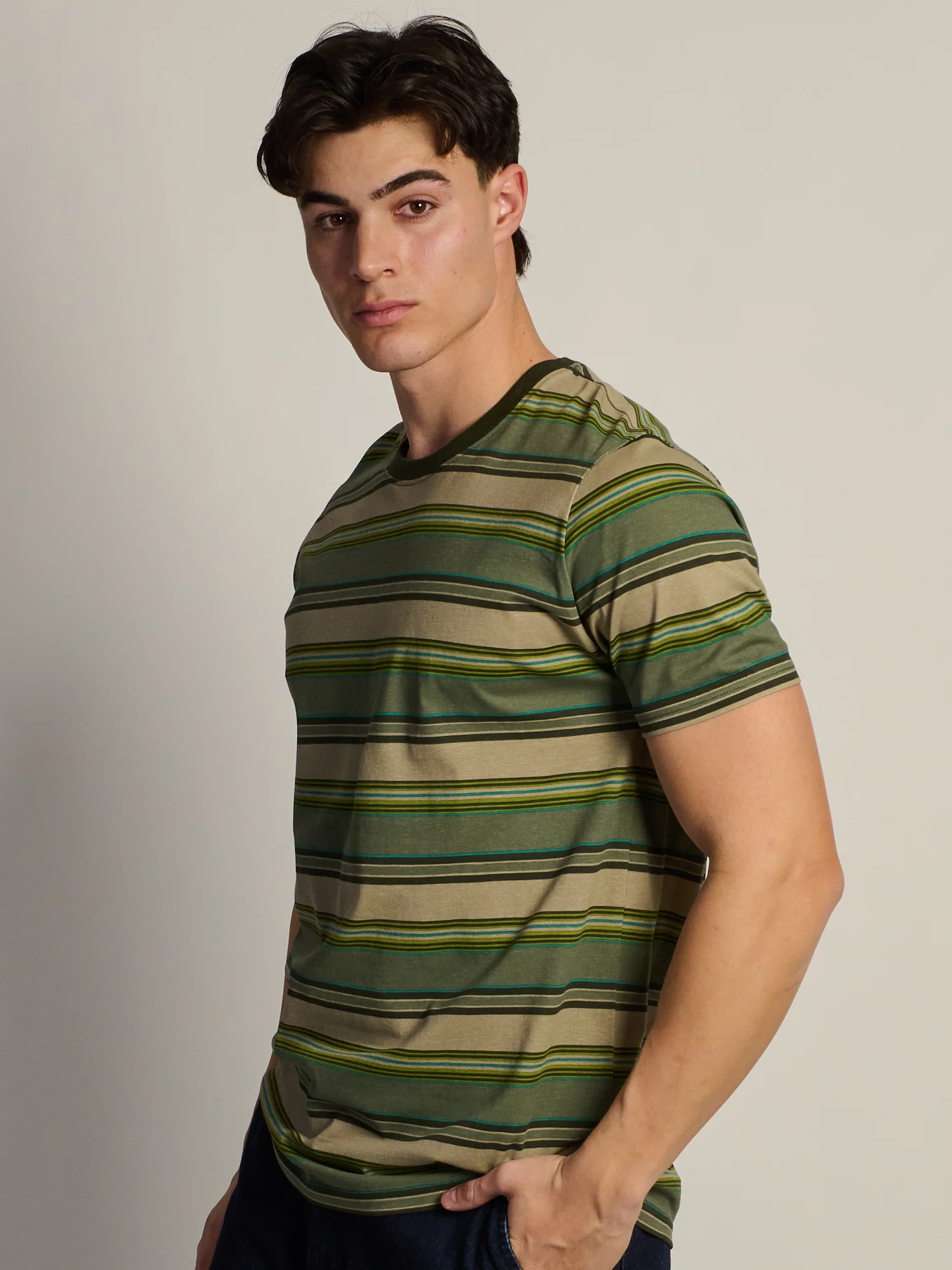 VICTOR CREWNECK TEE - GREEN STRIPE - Image 3